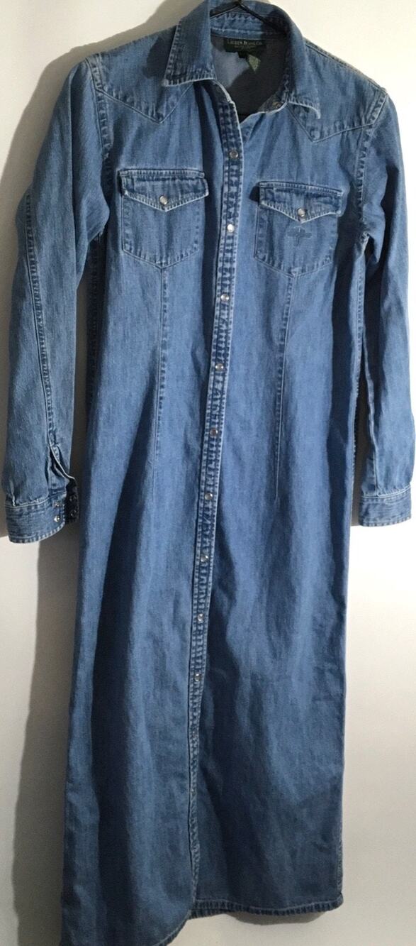Vtg Ralph Lauren Jeans Co. Western Blue Denim Shirt Dress Pearl Snaps Rodeo Sz S